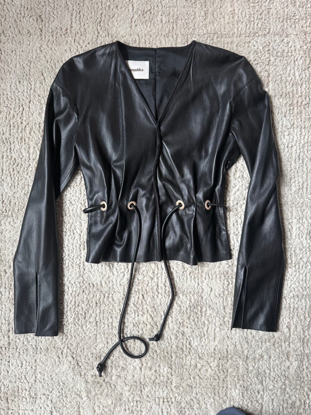 NANUSHKA Faroe Vegan Leather Belted V neck Top in Black